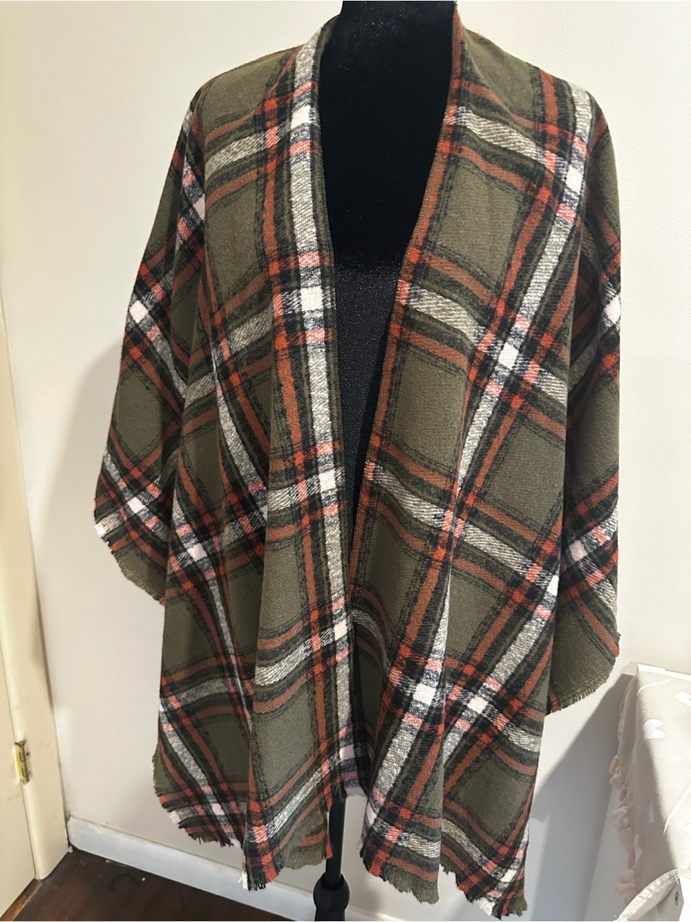 Old Navy Olive Plaid Open-Front Cape with Rust and Ivory Accents